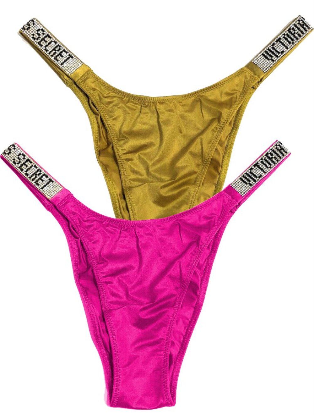 2 X Pair VS Very Sexy Brazillian Rhinestone Shine Srap Smooth Satin Panties NWOT